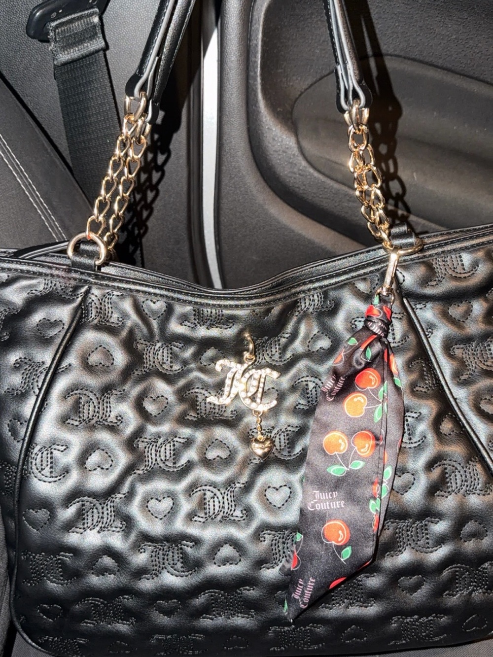 Juicy Couture Black Quilted Heart Shoulder Bag with Gold Chain Strap